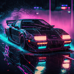 Obraz na płótnie Canvas car in the city night, neon synth vibe 80' retro electro, generative ai, retro wave journey, reflection rain asphalt road