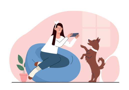 Photos with smartphone. Young girl photographs dog, hostess with pet in apartment. Comfort and cosiness in house. Memory and bright moments of life, photo album. Cartoon flat vector illustration
