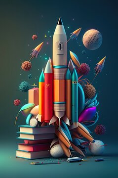 The concept of learning for children is decorated with rockets of toys with books with brightly lit scenes. AI-generated images