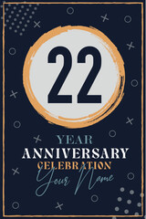 22 years anniversary invitation card. celebration template modern design elements dark blue background - vector illustration