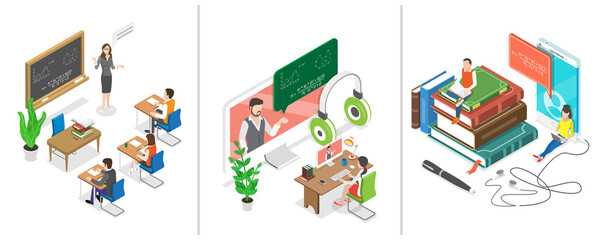 3D Isometric Flat  Conceptual Illustration of Hybrid or Blended Learning