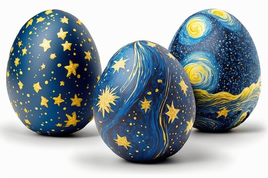 Illustration of Three Colorful Painted, Dyed, Decorated Starry Night Egg Suitable for Easter, Ukraine, Croatia, Pysanky, Isolated on White, Made in Part with Generative AI
