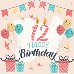 Vector 12th happy birthday vector design for greeting cards and poster with balloon and gift box design.