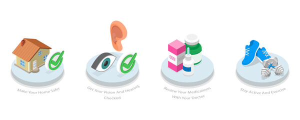 3D Isometric Flat  Conceptual Illustration of Elderly Fall Prevention
