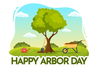 Happy Arbor Day on April 28 Illustration with Green Tree, Garden Tools and Nature Environment in Flat Cartoon Hand Drawn for Landing Page Templates