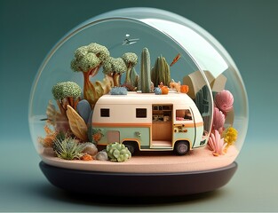Large circular terrarium with food truck with natural light scene. AI-generated images