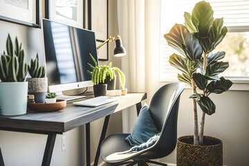 Fototapeta premium home office interior concept design features a beautiful natural plant that creates a soothing and calming atmosphere. With neutral colors, and large windows, this modern and minimalist Generative AI