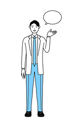 ふきだしつき、案内をする白衣を着た男性医師