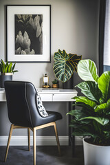 home office interior concept design features a beautiful natural plant that creates a soothing and calming atmosphere. With neutral colors, and large windows, this modern and minimalist Generative AI