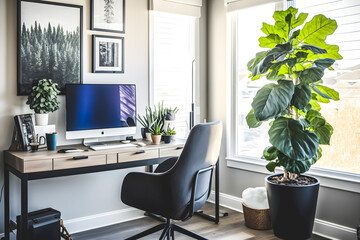 home office interior concept design features a beautiful natural plant that creates a soothing and calming atmosphere. With neutral colors, and large windows, this modern and minimalist Generative AI