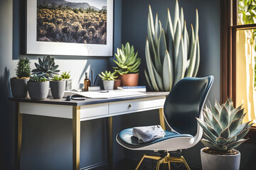 home office interior concept design features a beautiful natural plant that creates a soothing and calming atmosphere. With neutral colors, and large windows, this modern and minimalist Generative AI