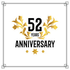 Vector 52nd anniversary logo  luxurious golden and black color vector design celebration