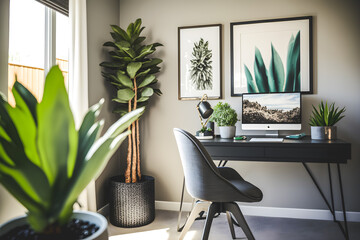 home office interior concept design features a beautiful natural plant that creates a soothing and calming atmosphere. With neutral colors, and large windows, this modern and minimalist Generative AI