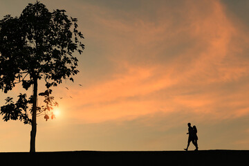 Obraz na płótnie Canvas silhouette of man and woman nature walk to big tree in cloudy sky atmosphere and sun, concept of love
