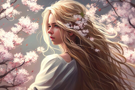 Portrait of a beautiful woman with long golden hair with pink cherry blossoms. AI-generated images
