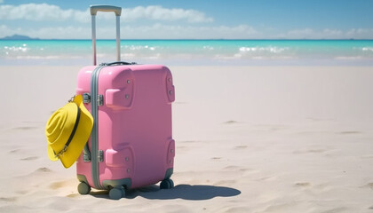 A beachside scene with a lone pink suitcase