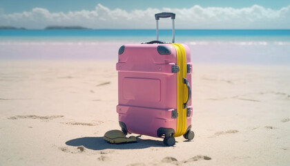 A pink suitcase resting on the beach - a peaceful scene