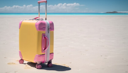 A pink suitcase resting on the sand, waiting for its next journey