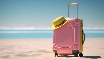 A pink suitcase waiting for a day of exploration on the beach