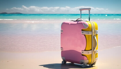 A pink suitcase waiting to be unpacked on a beach getaway
