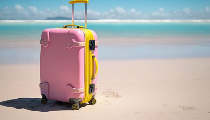 A pink suitcase, packed and ready for a beach holiday