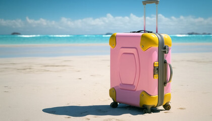 A lone pink suitcase sitting on the sand