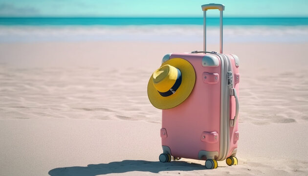 A minimalist pink suitcase sitting on the beach with endless possibilities