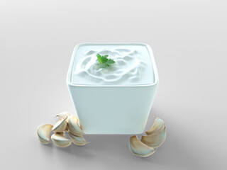 Container full of Garlic sauce. White garlic sauce bowl and heads of garlic. Set of different sauces isolated on light background for restaurant menu. 3d render illustration. Sauce on a white plate