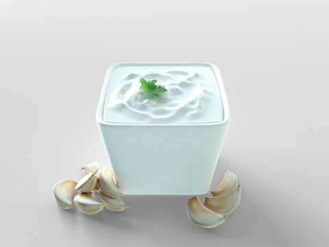 Container full of Garlic sauce. White garlic sauce bowl and heads of garlic. Set of different sauces isolated on light background for restaurant menu. 3d render illustration. Sauce on a white plate