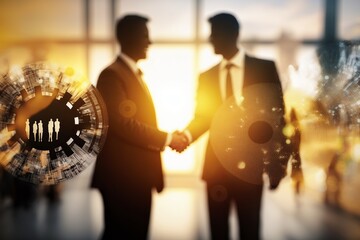 Businessmen shaking hands in office selective focus hands and background