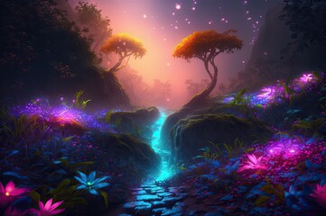 Fototapeta na wymiar Fantasy world with glowing bioluminescence Avatar trees, plants, and waters. Abstract magical background.