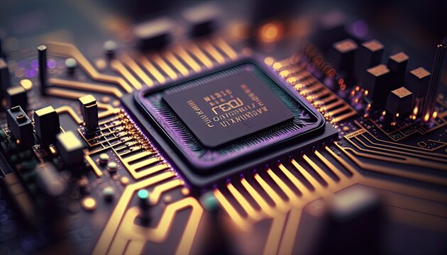 close up of computer circuit board. Motherboard computer chip with data and connections. Technology.