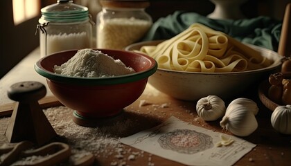 Fototapeta premium still life with ingredients for cooking. Pasta Italian meal. Tomatoes, garlic, basil, cheese, parmesan, and vegetables. Hearty meal.