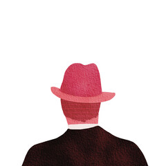 person with red hat. the back of a man in a suit wearing a fedora hat.