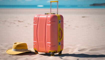 A red suitcase ready for a day in the sun