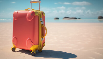 A red suitcase resting on the sandy beach