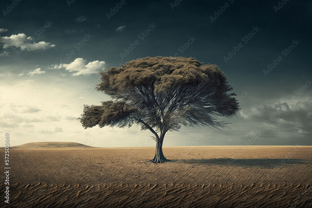 Poster A solitary tree in an empty field, Generative AI	