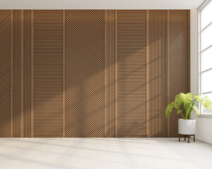 Japanese style empty room decorated with wooden slats wall and white concrete floor. 3d rendering