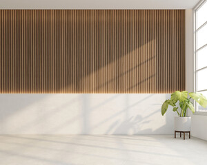 Japanese style empty room decorated with white wall and wooden slats wall, white concrete floor. 3d rendering
