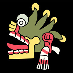 Aztec skull with open mouth and tongue stick out. Native American symbol from Mexican codex. On black background.