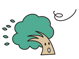 強風にあおられる木のキャラクター