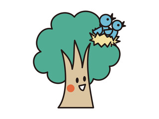 鳥の巣を見つめてほほ笑む木のキャラクター