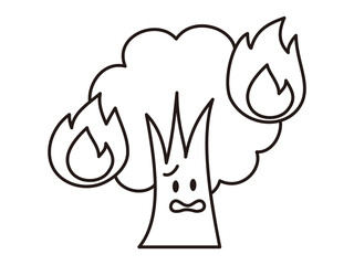 山火事などで燃える木のキャラクター　白黒の線画