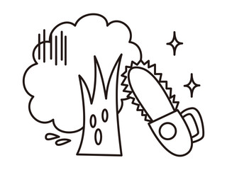 チェーンソーで伐られる木のキャラクター　白黒の線画