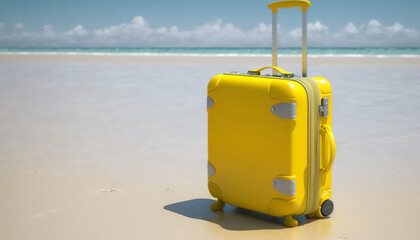 A minimalist yellow suitcase sitting on the beach with endless possibilities