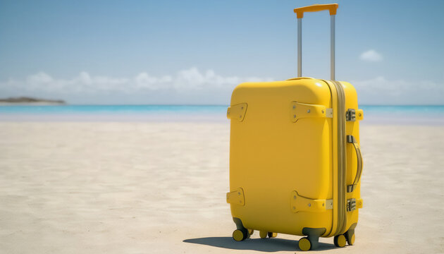 A lone yellow suitcase sitting on the sand