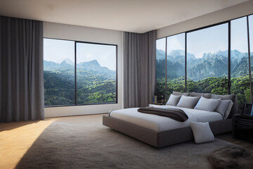 Relaxing Spring Primary Bedroom Interior with Mountain Views in Nature Made with Generative AI