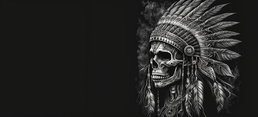 skull illustration in totem pole style indian american tatto style, copy space, Generative A