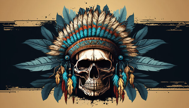 American indian skull with feather hat, Generative A