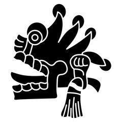 Fototapeta premium Aztec skull with open mouth and tongue stick out. Native American symbol from Mexican codex. Black and white negative silhouette.